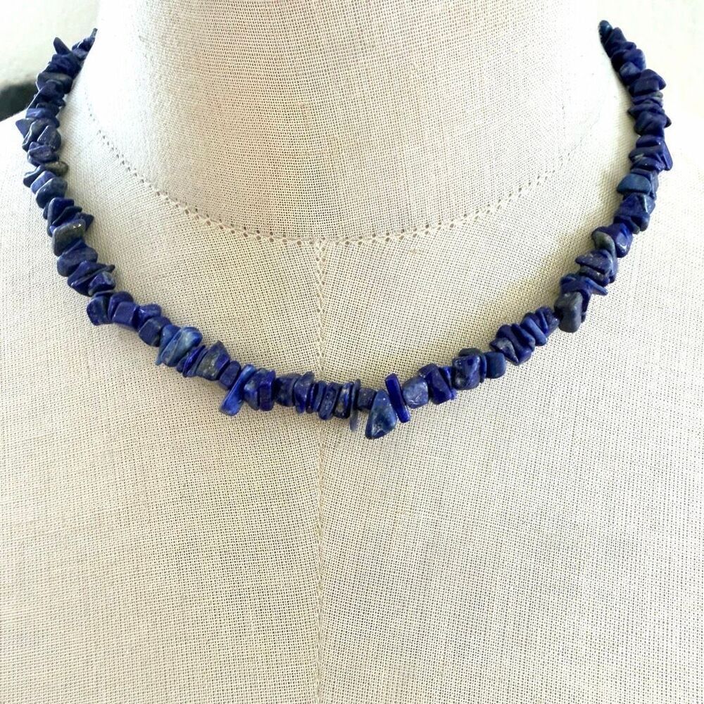 Lapis Lazuli Chip Necklace Boho Blue Stone